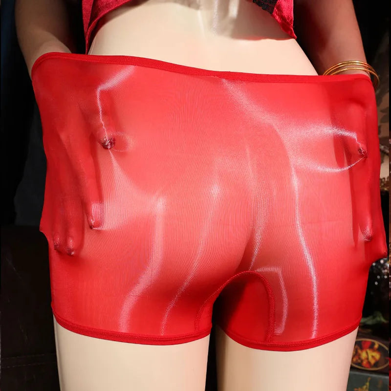 Women Super Thin Oil Bright Sexy Sissy Boxer Ladies Transparent Safety Panties Oil Shiny Seamless Ice Silk Underwear
