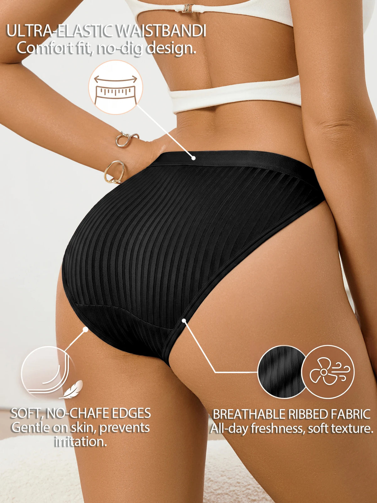 Ribbed Women High Cut Thong Solid Elastic Waistband Panties Soft Breathable Skin Friendly Ladies Underwear