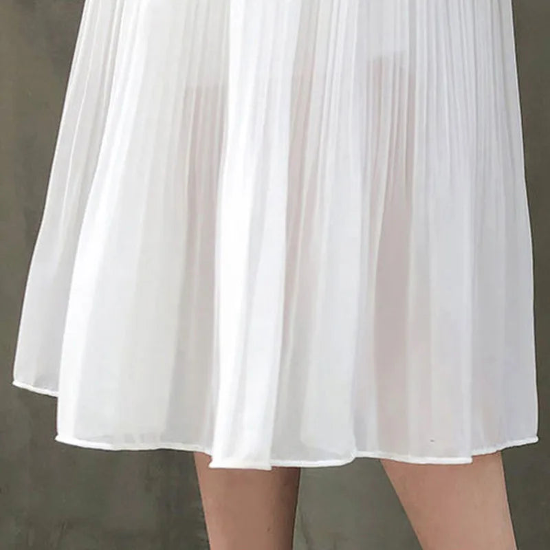 High Waist Elastic Pleated Skirt for Women Spring Summer Chiffon Skirts Vintage Patchwork White Black Long A-Line Skirt