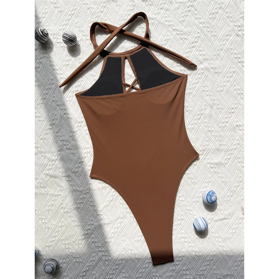 S - XL 7 Colors Lace Up High Neck Full Back Women Swimwear One Piece Swimsuit Female High Leg Cut Bather Bathing Suit Swim V6272