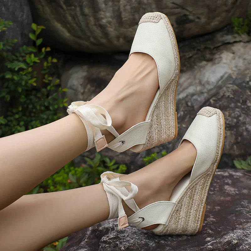 Ankle Lace Up Wedges Sandals Women Summer Closed Toe Espadrille Platform Sandles Woman High Heels Gladiator Sandalias Mujer 43