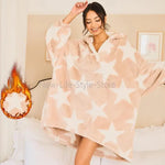 New Women Ins Lazy Vibe Star Print Hooded Plush Sleepwear Autumn & Winter Oversized Casual Wearable Blanket Home Outfit