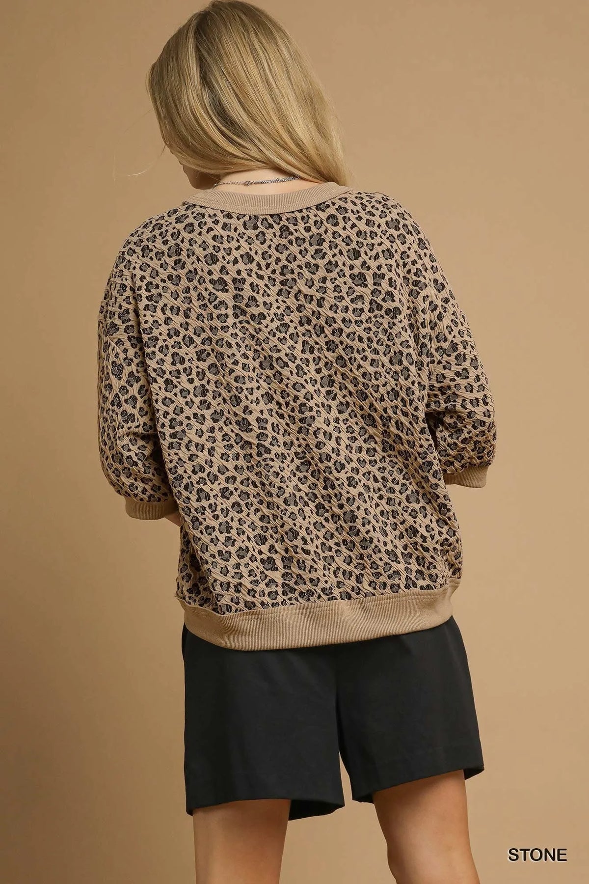 Umgee Leopard Knit Jacquard Puff Sleeve Sweatshirt