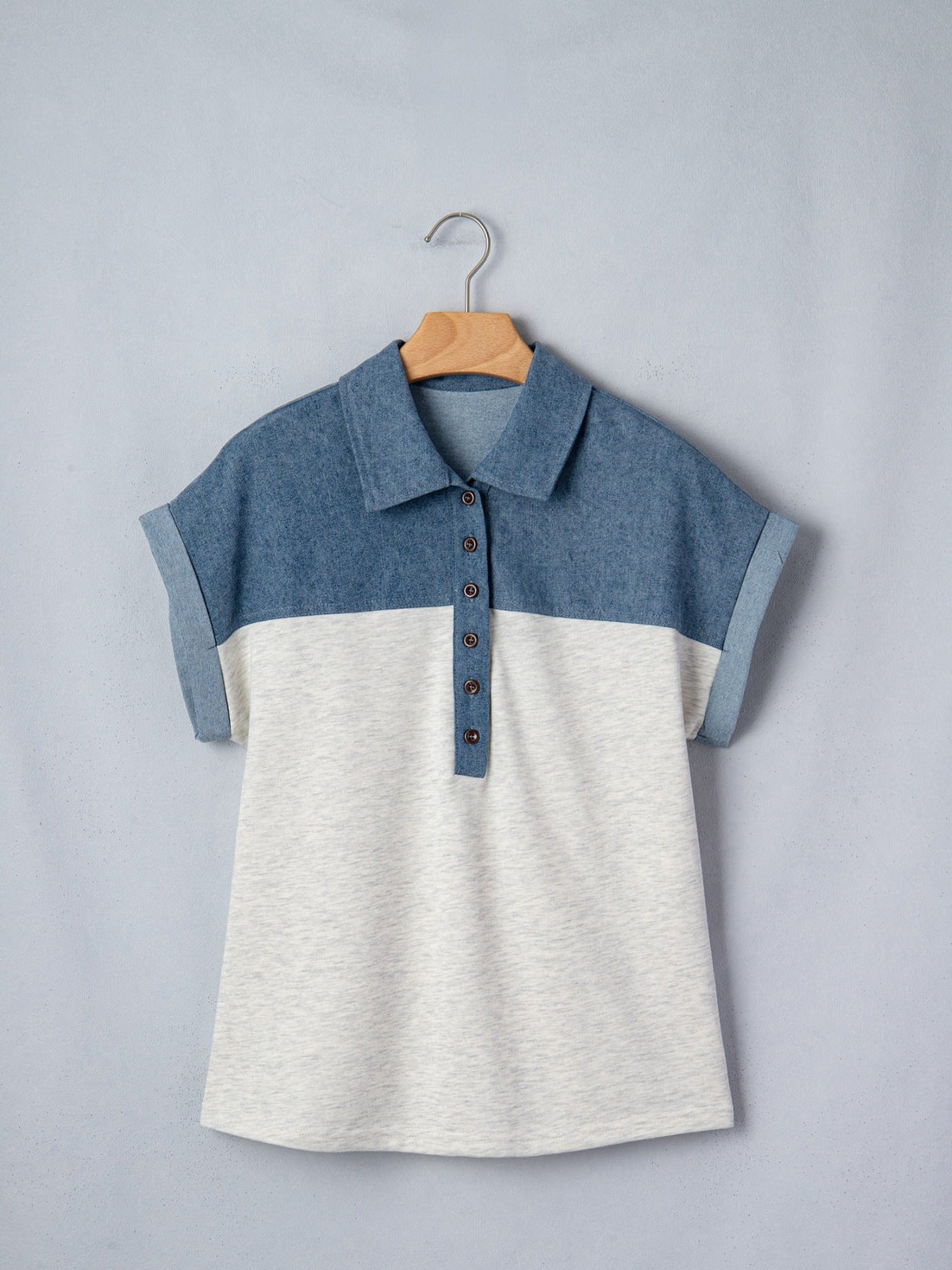 Color Block Denim Patchwork Button Polo Collar Short Sleeve Top