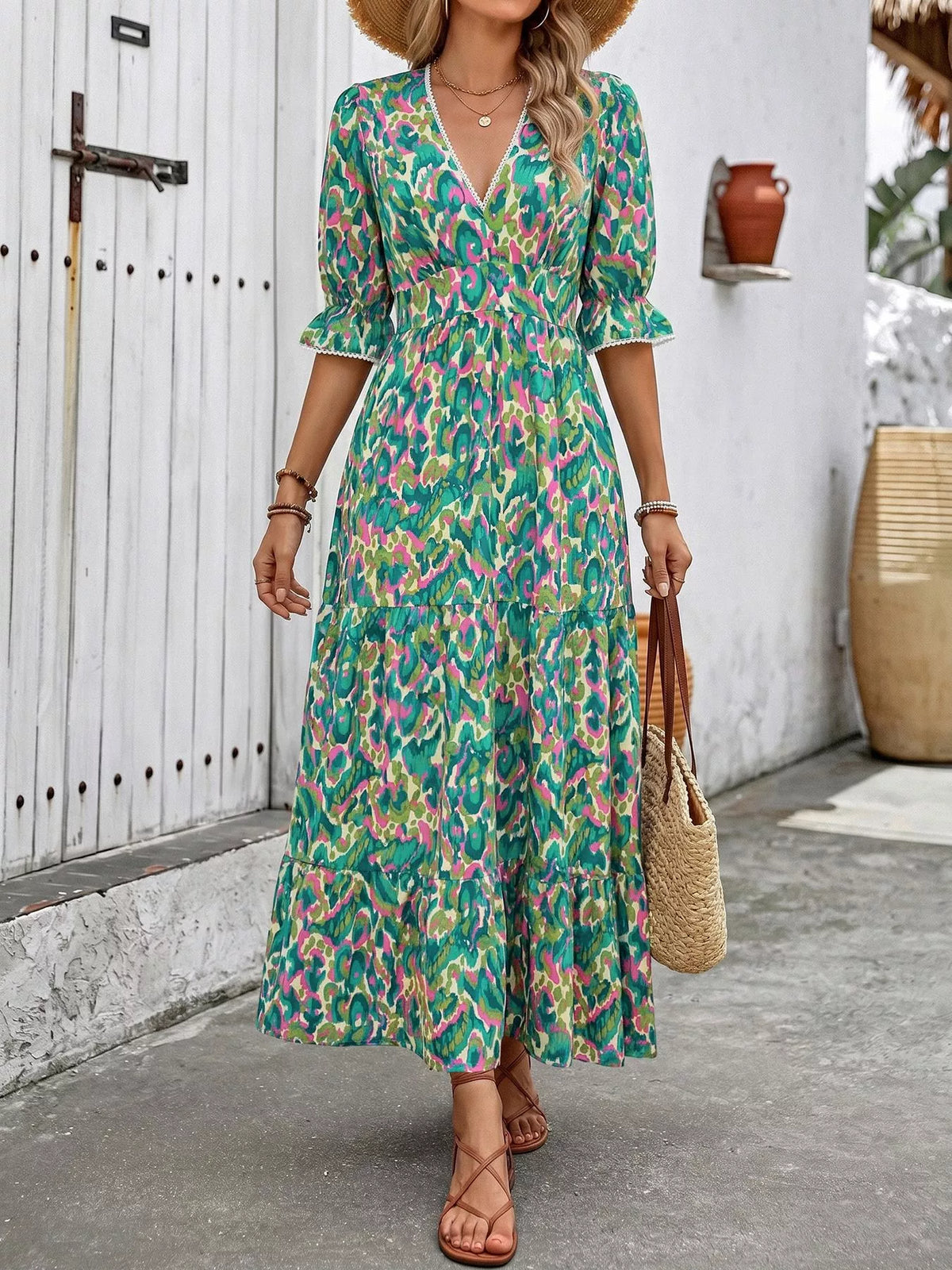 Printed V-Neck Flounce Sleeve Dress