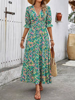 Printed V-Neck Flounce Sleeve Dress
