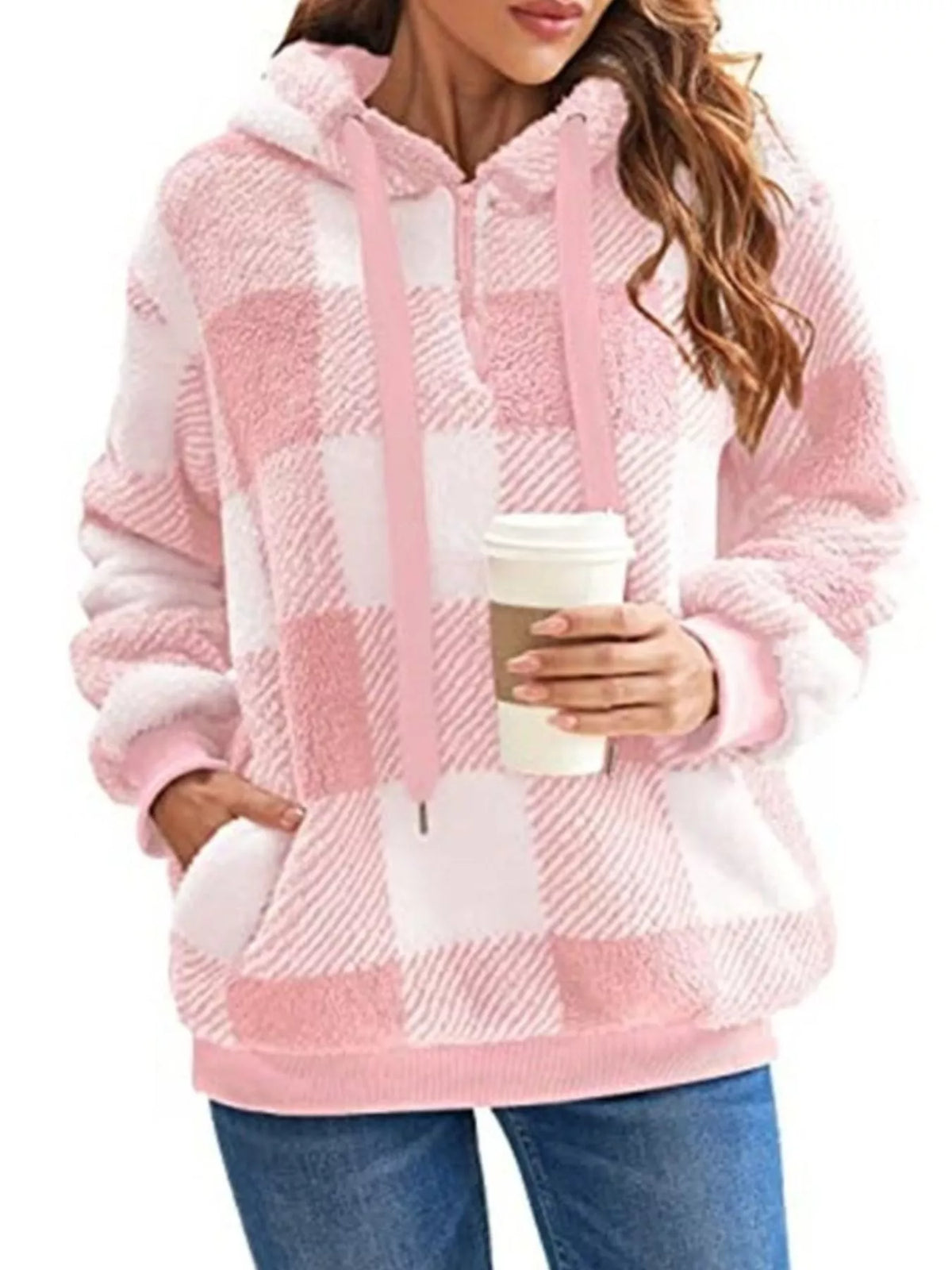 Full Size Plaid Sherpa Drawstring Hoodie Plus Size