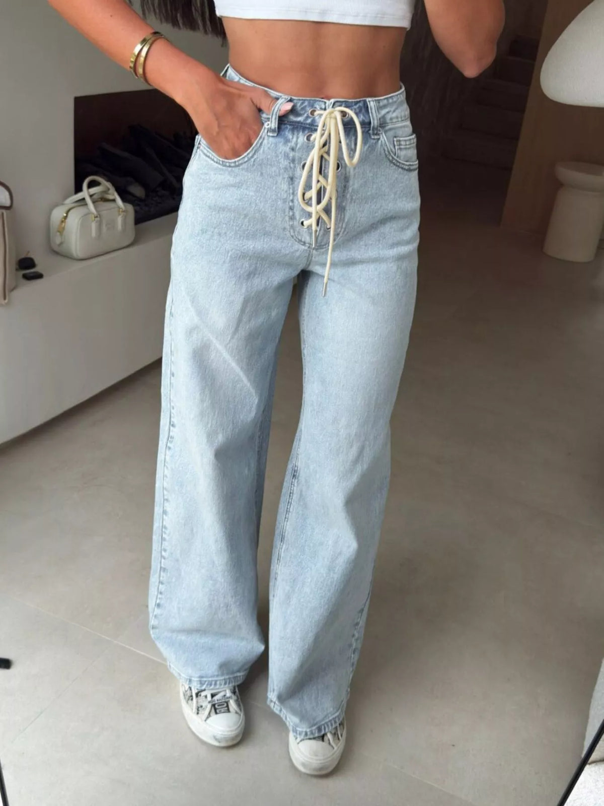 Lace-Up High-Waisted Wide Leg Jeans