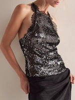 Sequin Lace Trim Halter Neck Cami