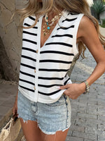 Striped Button-Down Sleeveless Cardigan