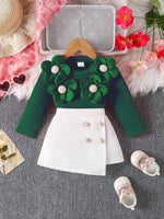 Children's Floral Applique Ribbed Top & Button Decor Skirt Set