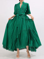 Lace Detail Notched Puff Sleeve Maxi Dress