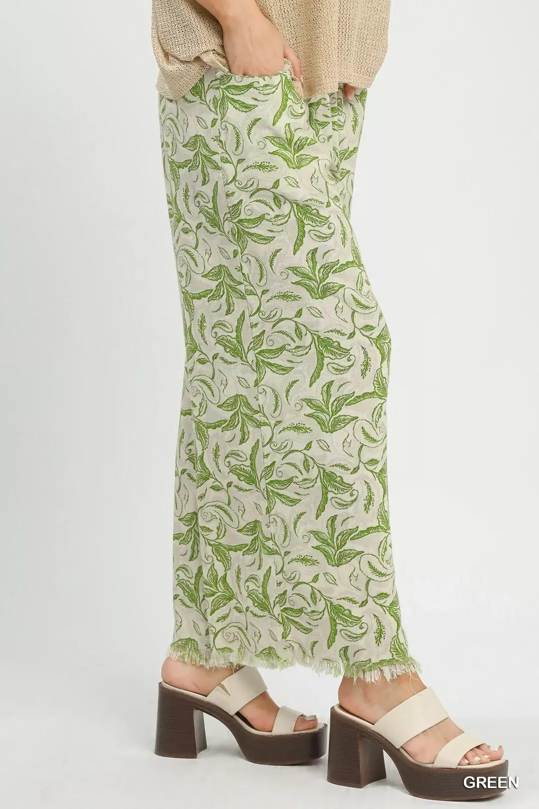 Umgee Linen Printed Wide Leg Raw Hem Pants