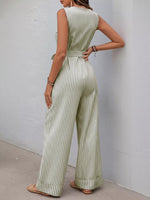 Striped Button-Front Tie Waist Wide Leg Jumpsuit