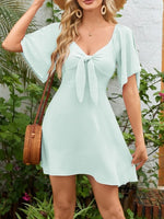 Smocked Back Knotted Flutter Sleeve Dress