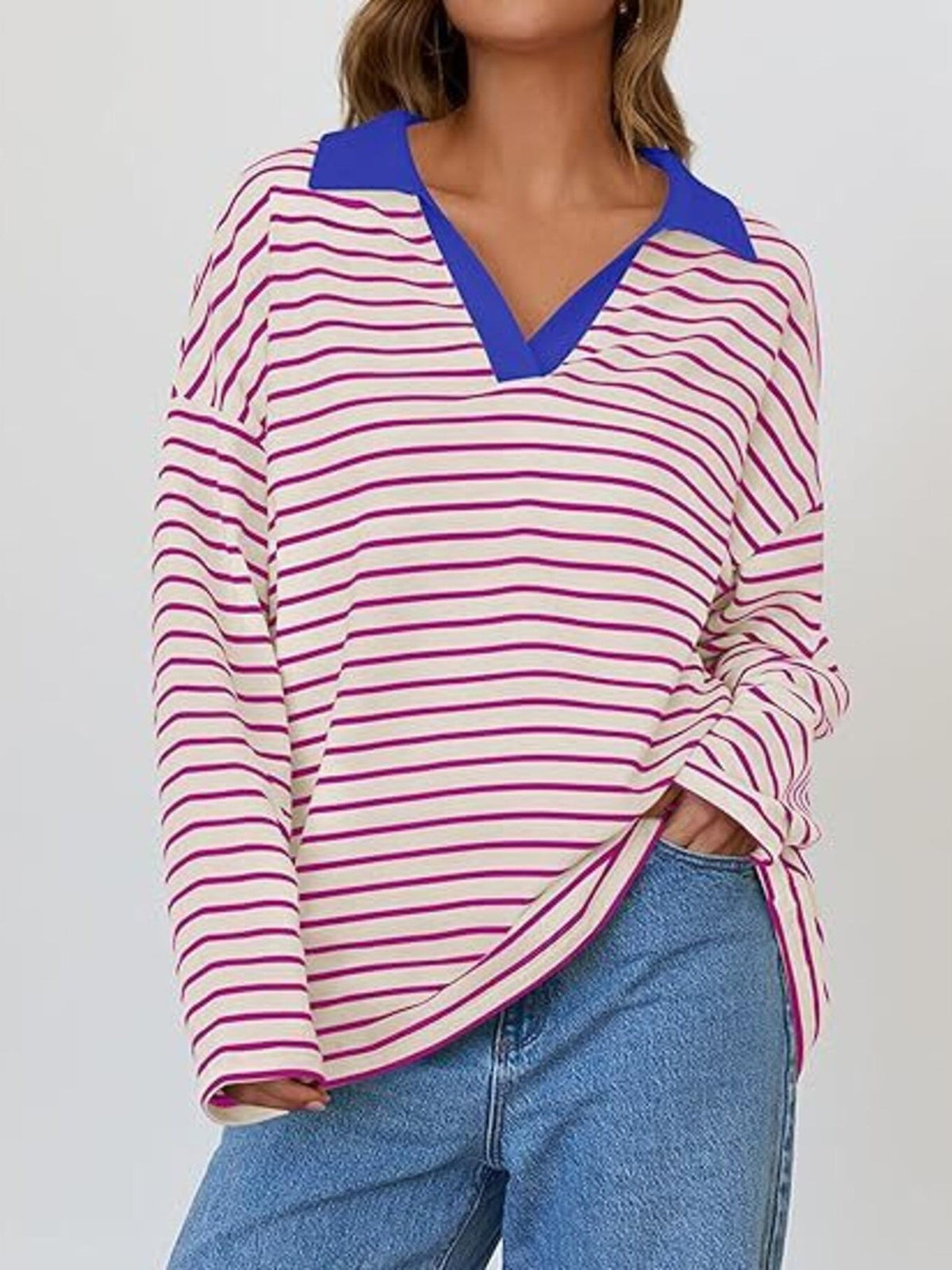 Striped Contrast Collar Long Sleeve Top