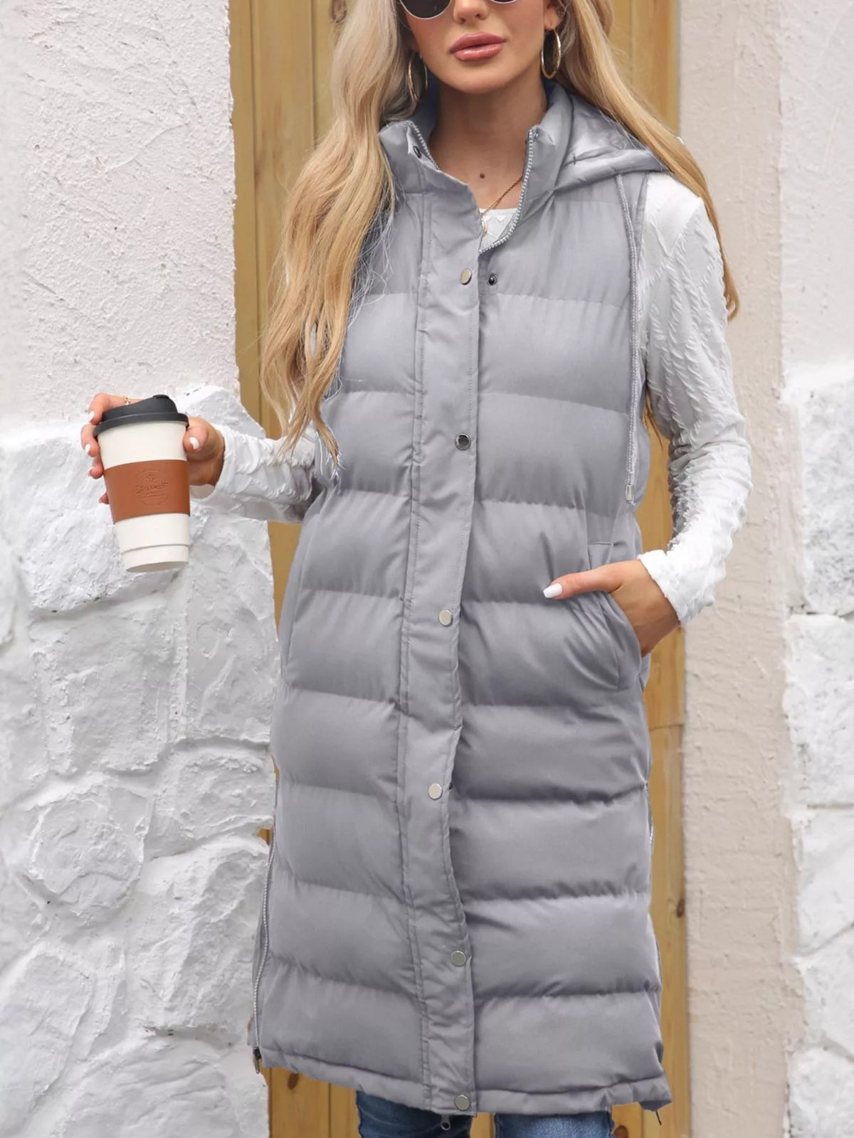Full Size Snap Down Hooded Padded Longline Vest Coat Plus Size