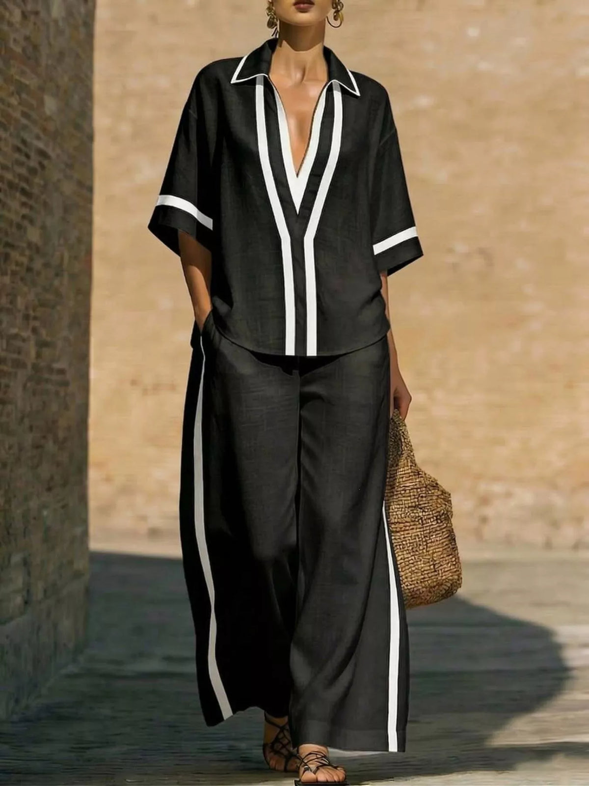 Full Size Contrast Trim Top and Pants Set Plus Size