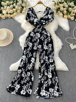 Floral Print Wide Leg Pleated Jumpsuit