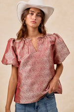 BiBi Jacquard Woven Short Balloon Sleeves V Neck Top
