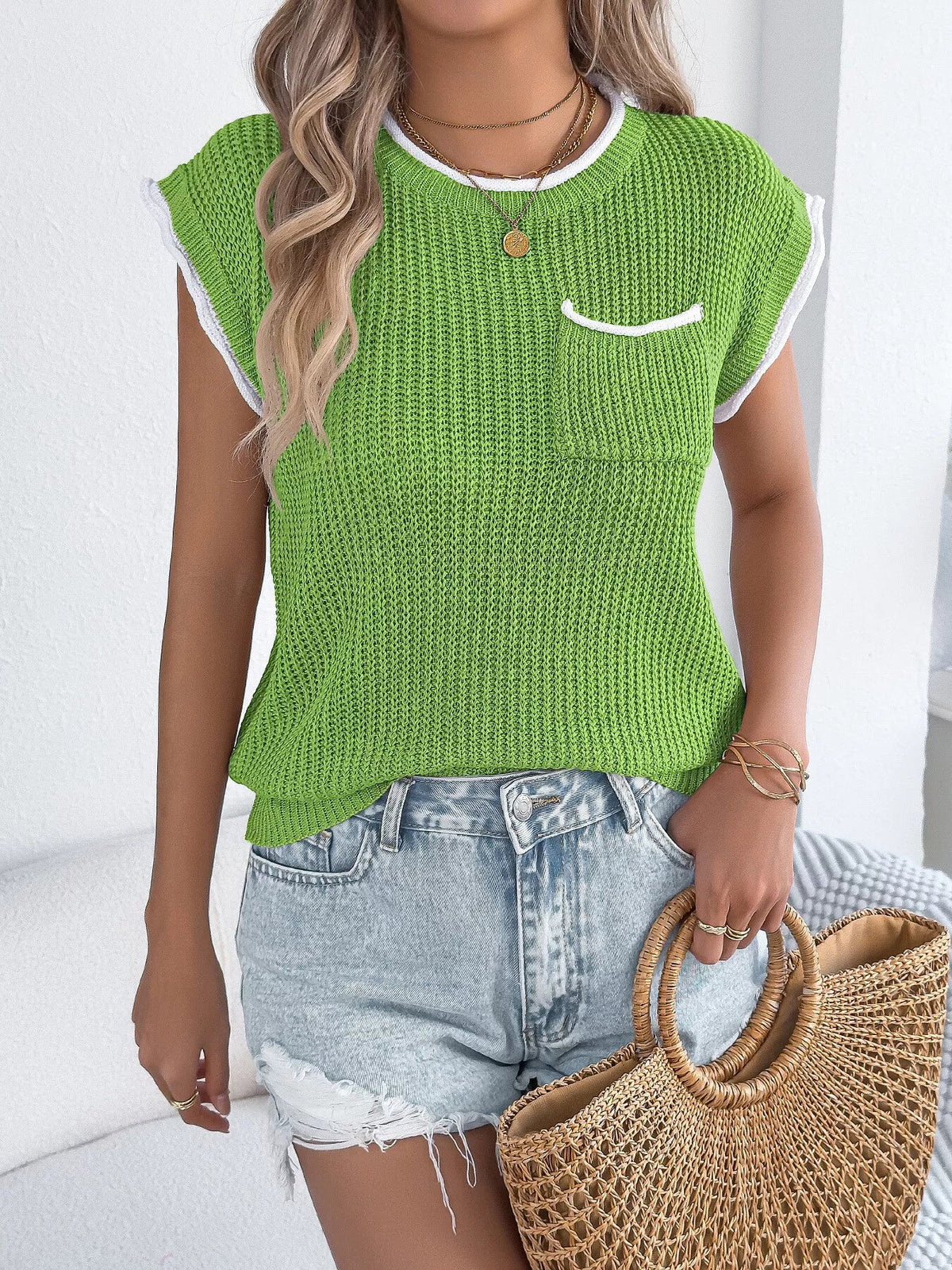 Contrast Trim Round Neck Cap Sleeve Sweater