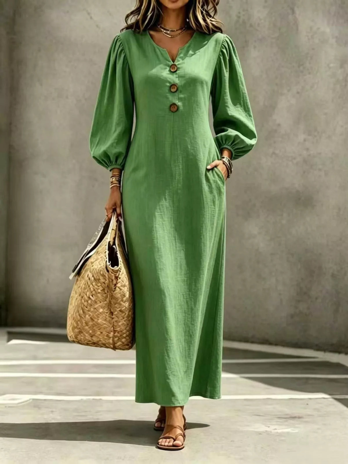 Decorative Button Balloon Sleeve Maxi Dress