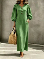 Decorative Button Balloon Sleeve Maxi Dress