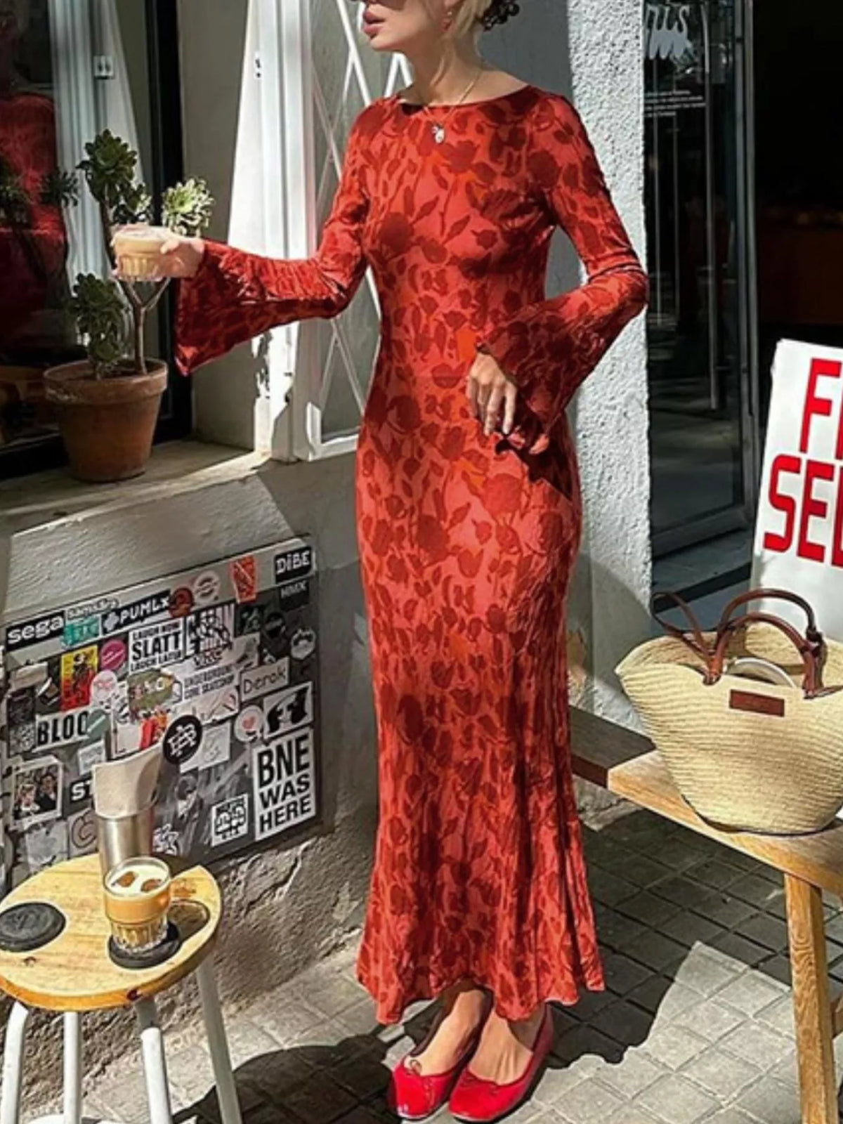 Floral Print Fare Sleeve Maxi Dress