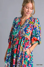 Umgee Floral Print Tie Neck Midi Dress with Pockets