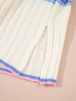 Striped V Neck Dolman Sleeve Rib Knit Oversized Sweater with Slits