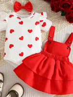 Children's Heart Print Ruffle Trim Bodysuit and Dress Set with Headband