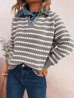 Contrast Striped Sweater with Denim Collar