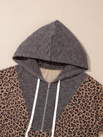 Ribbed Leopard Print Contrast Collar Zip Hoodie