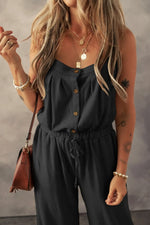Knotted Straps Button Textured Drawstring Jumpsuit