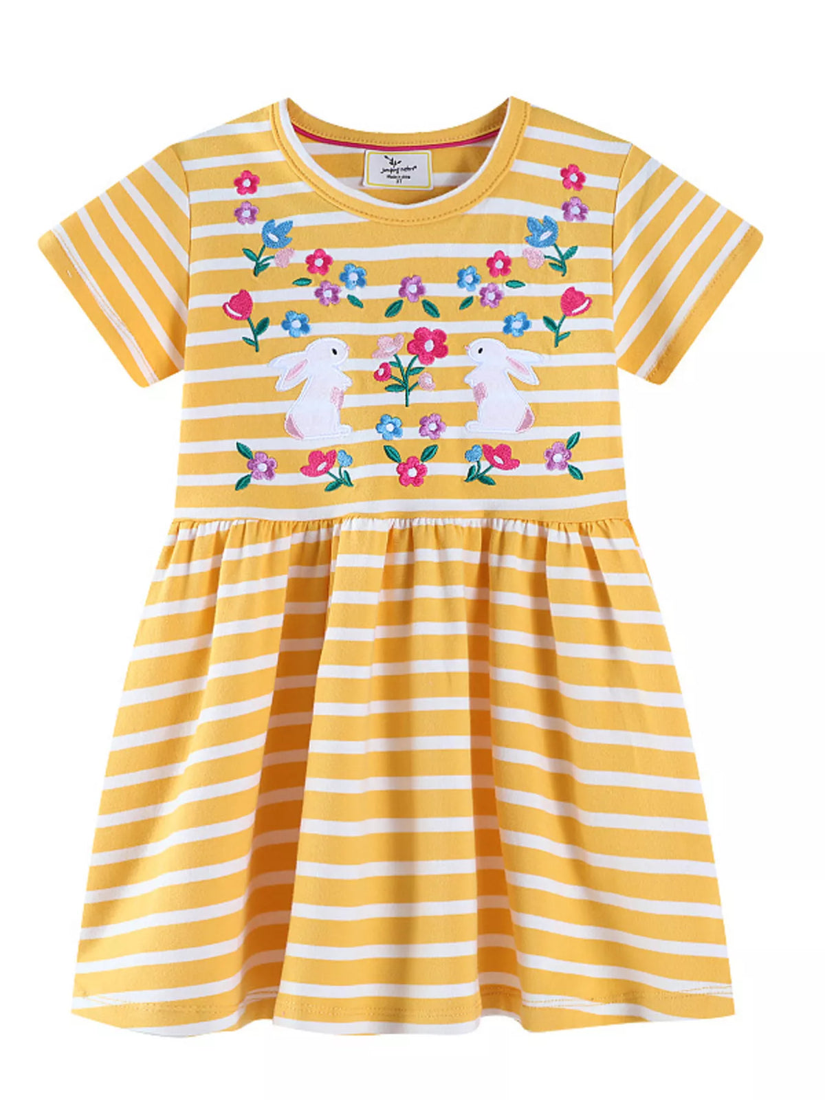 Children's Striped Bunny Embroidered Round Neck Dress