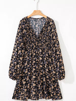 Floral Deep V Neck Smocked Bust Bubble Sleeve Babydoll Dress