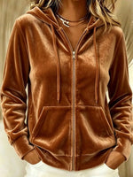 Full Size Velvet Zip-Up Outerwear with Drawstring Plus Size