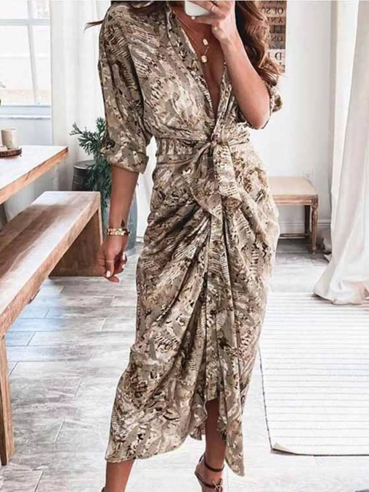 Tie-Waist Button-Down Midi Dress