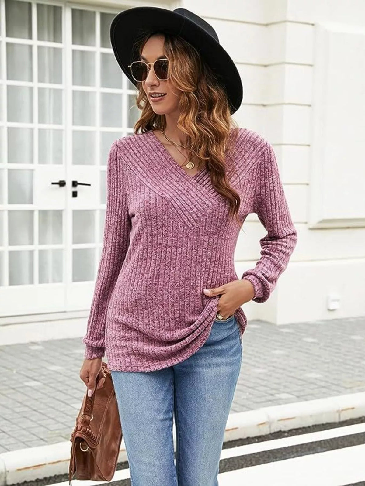 V-Neck Ribbed Long Sleeve Knit Top