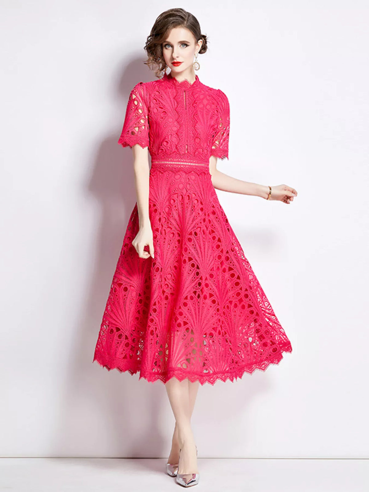 Full Size Lace Short Sleeve Midi Dress Plus Size