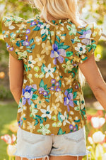 Floral Print Ruffle Cap Sleeve Tie Neck Top