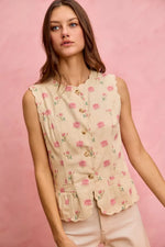 SO ME Floral Rose Cotton Twill Scallop Button Vest Top