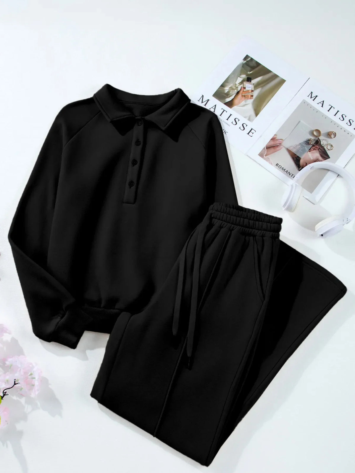 Collared Sweatshirt and High Waist Pants Active Set