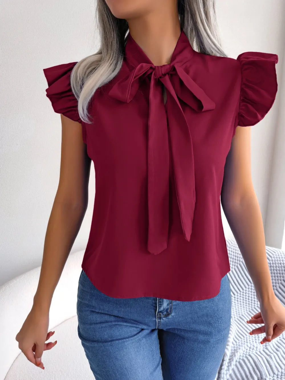TieNeck Cap Sleeve Blouse