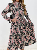 Floral Print Long Sleeve Pleated Midi Dress
