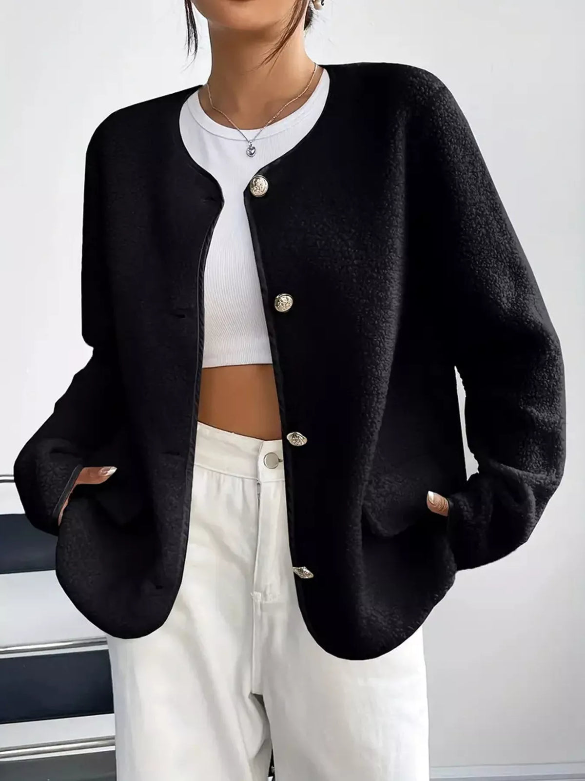 Full Size Textured Button-Up Fleece Outerwear Plus Size