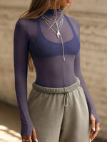 Mock Neck Long Sleeve Sheer Top