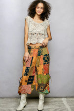 POL Printed Patchwork Wide Leg Pants with Adjustable Side Drawstring