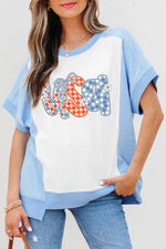 Star Plaid Flower USA Graphic Color Block Crewneck T Shirt