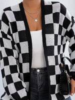Checkerboard Pattern Open Front Knit Cardigan